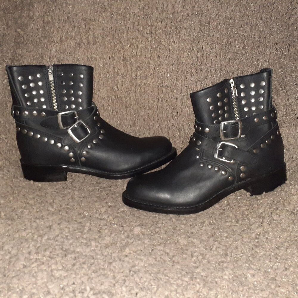 BOULET-Engineer Biker Boot-Black Leather-Studded-Side Zip-Buckle Strap-Sz 10-NEW